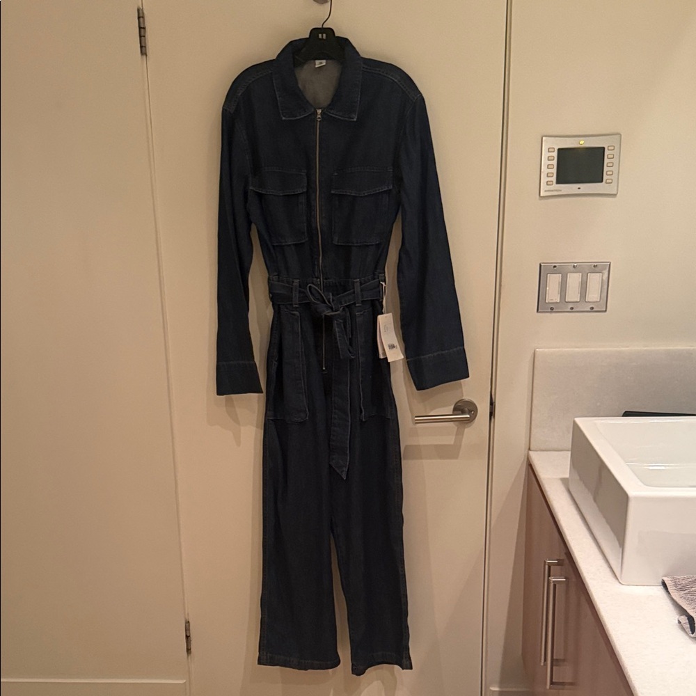 H&M Dark Blue Denim Utility Jumpsuit with Self-Tie Belt